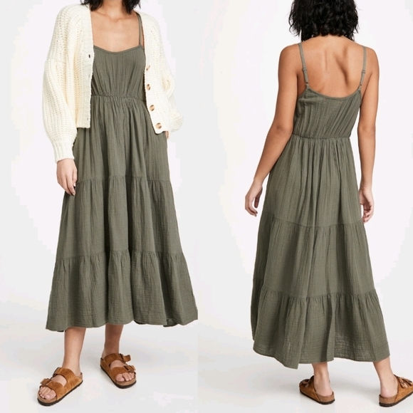 Xirena Ali Tiered Cotton Gauzed Midi Dress In Stone Olive Green Size Small - Picture 1 of 8